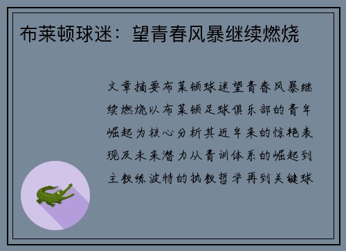 布莱顿球迷：望青春风暴继续燃烧